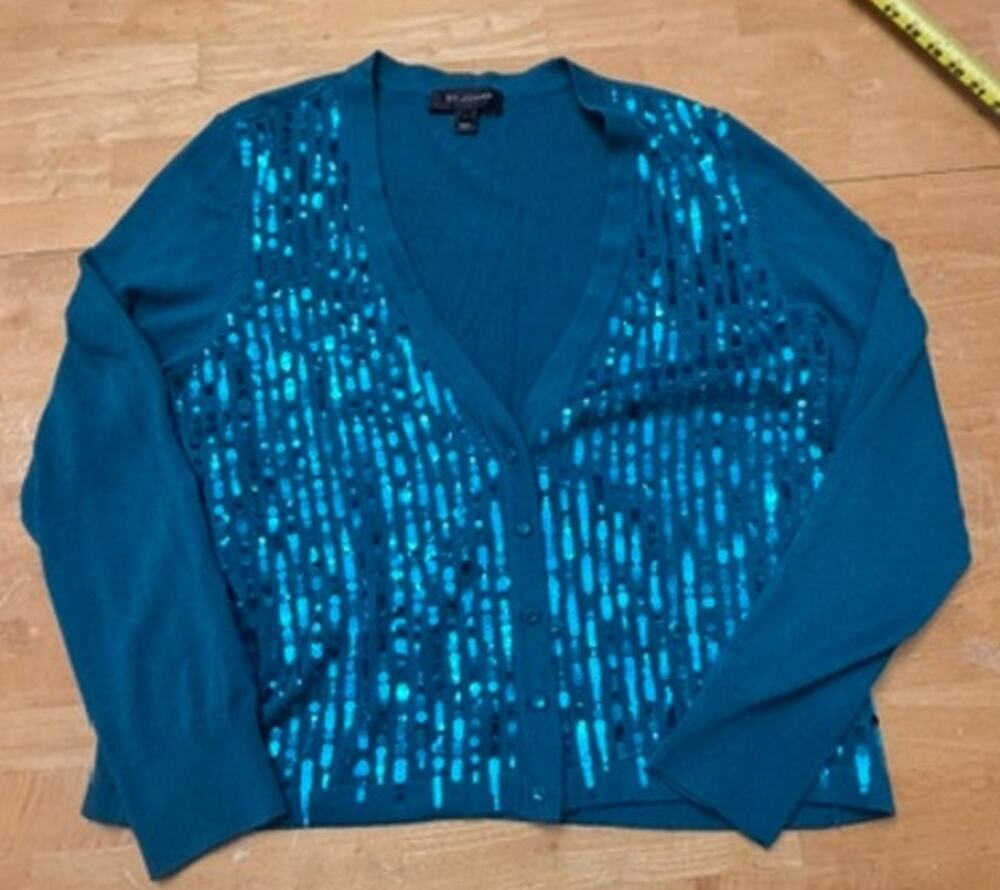 St John Black Label Silk Cashmere Sequined Teal Blue Cardigan Sweater Size L